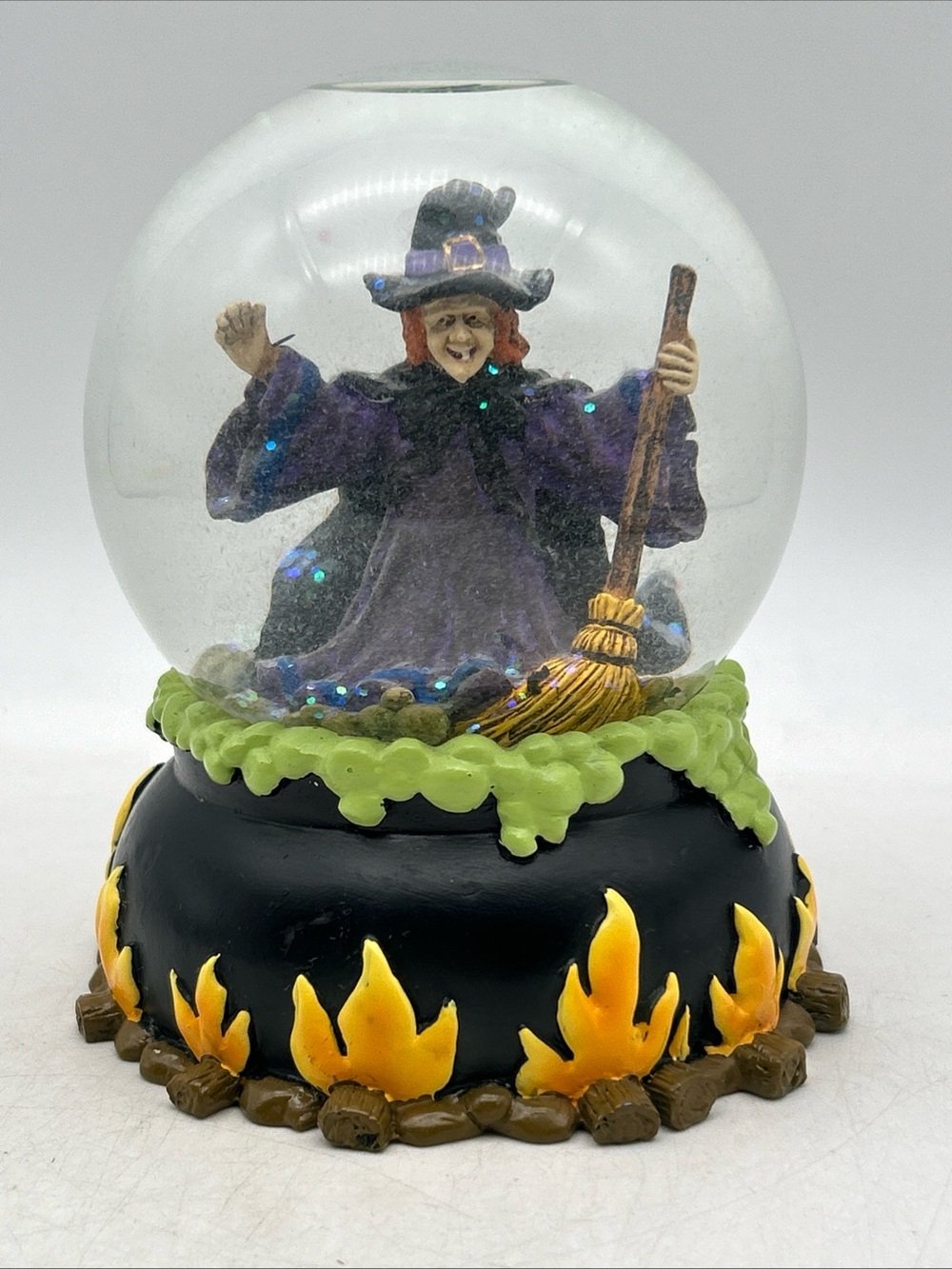 Vtg Halloween Witch w/ Broom Calderon Waterglobe Snowglobe Glittery Bats RARE
